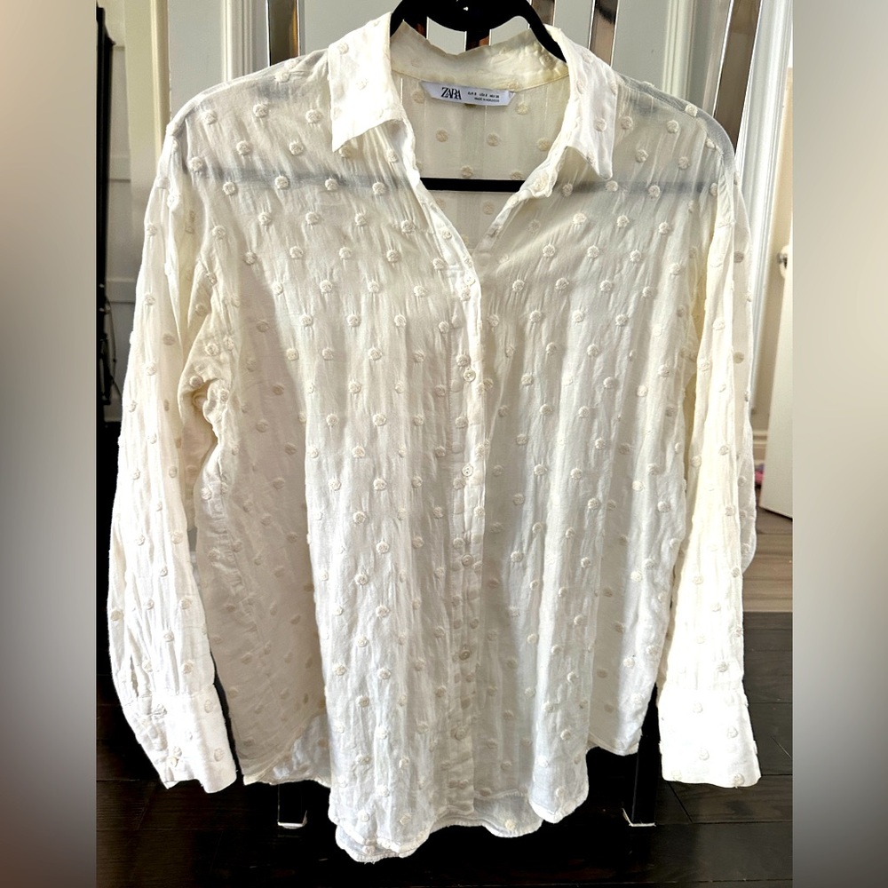 Zara cotton embroidered dots blouse top sz SM